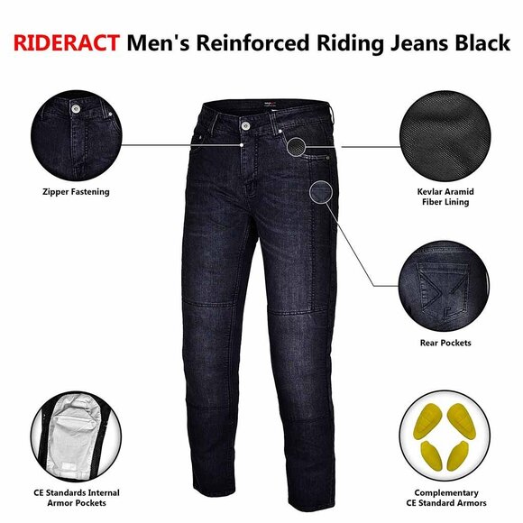 RIDERACT® Men’s Black Motorcycle Riding Jeans  Reinforced Protective Pants - Picture 6 of 7